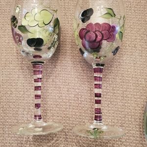 Hand-painted Cheese Plate with Dome Lid and 4 Matching Stem Wine Glasses